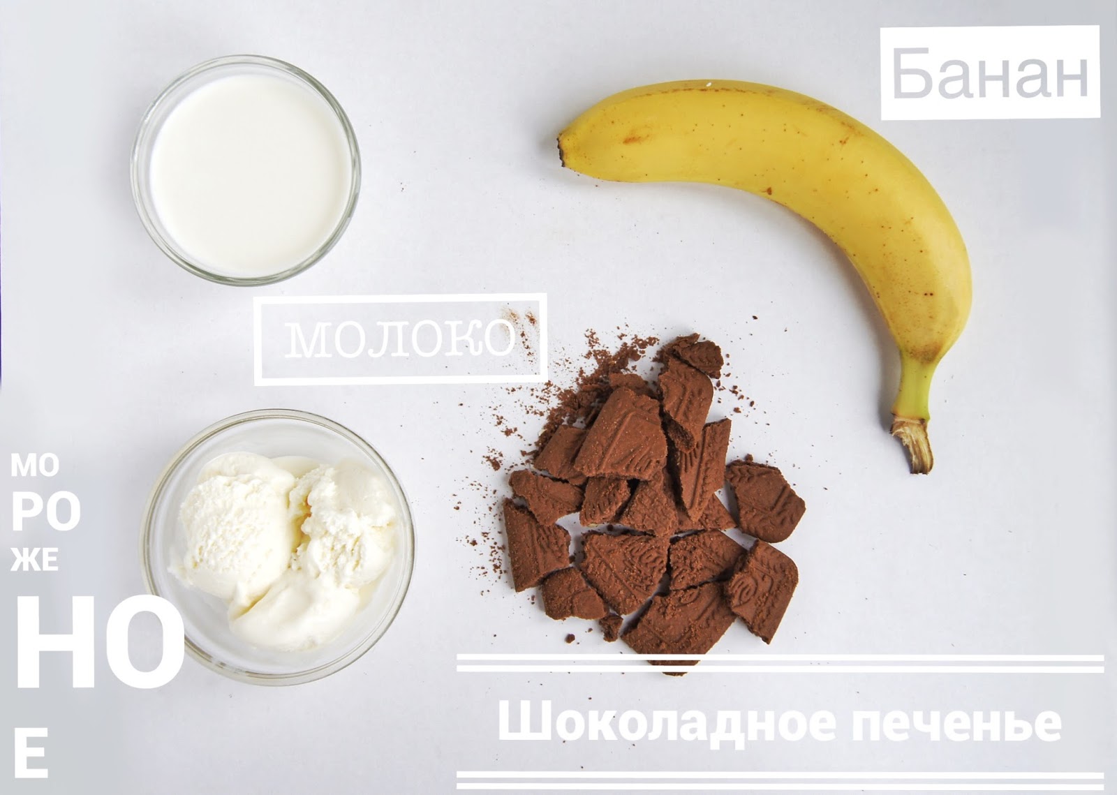 Ингредиенты рецепта коктейля: молоко, банан, мороженое и шоколадное печенье