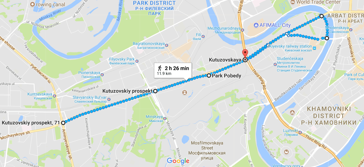 Карта пешего маршрута вдоль Кутузовского проспекта, 11.9 км