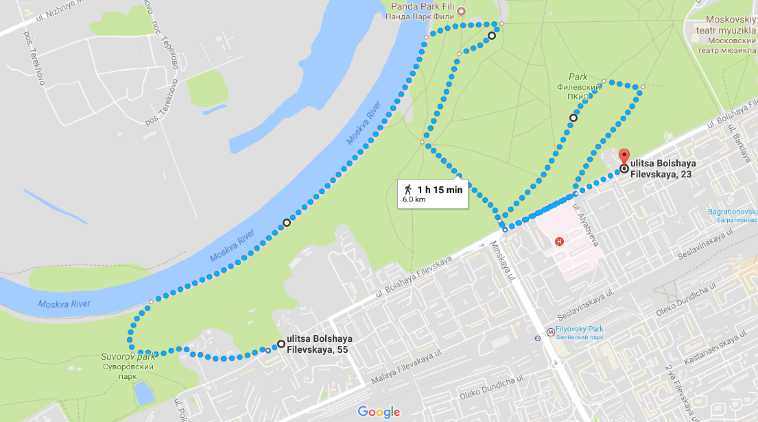 Карта маршрута вдоль Москвы-реки через Филёвский парк, 6 км