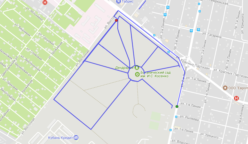 Карта маршрута прогулки по ботаническому саду в Краснодаре